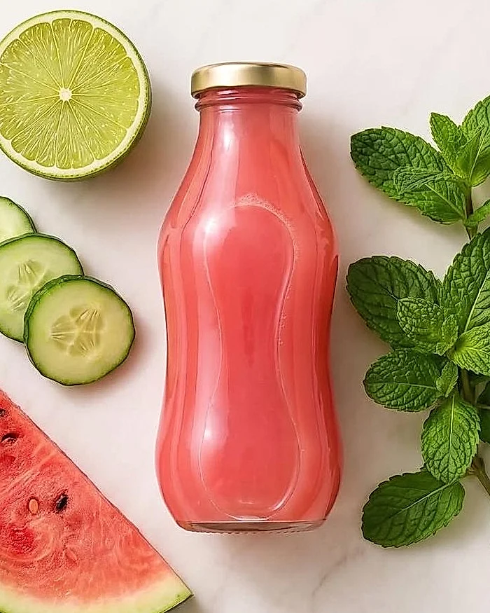 Botella de jugo rosado de sandía con pepino, lima y hojas de menta